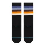 Medias negras con rayas horizontales de colores azul, celeste, marrón, naranja y blanco en la parte superior.