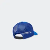 Gorro azul con paneles de malla y visera semi-curvada. Presenta un parche cuadrado con el logo de Reef bordado en el frente.