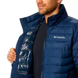 Campera inflable Columbia Powder Lite color azul marino, con cierre frontal, cuello alto y logo de la marca bordado en el pecho.