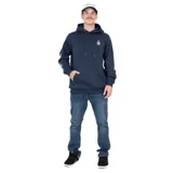 Canguro azul marino con capucha y cordones ajustables, bolsillo tipo canguro y logo de la marca estampado en el pecho y en la manga izquierda.