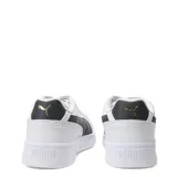 Championes Puma Court Classico, color blanco con franja lateral y detalles en negro, y logo Puma en dorado.