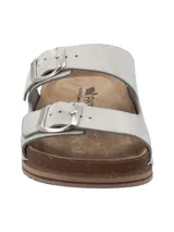 Sandalia de cuero color blanco RKF modelo Rosine, con dos tiras ajustables con hebillas metálicas, plantilla anatómica y suela tipo corcho con base de goma antideslizante.