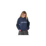 Sweater de punto color azul marino, con cuello redondo y diseño holgado. Presenta un texto bordado en el pecho con tipografía blanca.