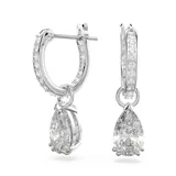 Par de aros plateados con forma de aro pequeño con incrustaciones de cristales blancos y dije colgante de cristal blanco talla pera.