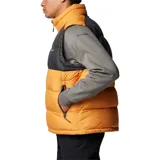Chaleco acolchado Columbia con tecnología Omni-Heat termorreflectante. Presenta un diseño bicolor en bloques de color naranja y negro, con cierre frontal completo, cuello alto y bolsillos laterales con cremallera.