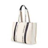 Bolso tipo tote bag color crudo, con asas de mano y detalles en símil cuero color marrón. Tiene estampado vertical con la inscripción "Lincoln's".