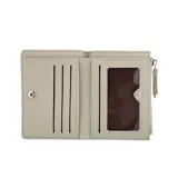 Monedero rectangular con cierre, confeccionado en tela tejida multicolor con base de simil cuero rosa.