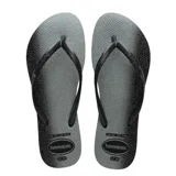Sandalias tipo ojota Havaianas modelo Slim Gloss, con diseño degradado de gris a negro y acabado brillante. Presentan tiras finas de color negro con textura grabada.
