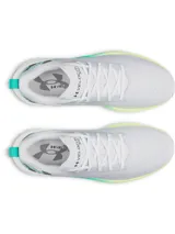 Championes de running Under Armour Velociti Spd, color gris claro con detalles en verde y amarillo en la suela y logo de la marca en el talón.