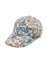 Gorra con visera curva de diseño estructurado, confeccionada con estampado floral multicolor sobre fondo blanco.