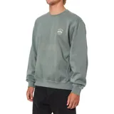 Buzo de cuello redondo color verde con efecto lavado, manga larga y puños elásticos. Presenta un pequeño logo bordado en el pecho con el nombre de la marca y un diseño de palmeras.