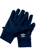 Guantes deportivos Umbro de color azul marino, con detalles de puntos de silicona antideslizantes en la palma y los dedos, y logo impreso en blanco en el dorso.