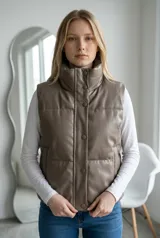 Chaleco puffer de efecto engomado en color moka, con cuello alto, cierre frontal con botones a presión y diseño acolchado.