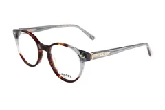 Lentes de receta Lancel con armazón de diseño redondo. Presentan un frente combinado con patrón carey y detalles en gris translúcido, con patillas en tono gris translúcido y detalles metálicos dorados con el logo de la marca.