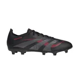 Championes de fútbol Adidas Predator League FG/MG, color negro con detalles en gris y rojo. Exterior Hybridfeel con elementos Strikescale y suela Controlplate para terrenos firmes y césped artificial.