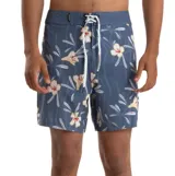Boardshort Quiksilver de color azul con estampado floral, cordón ajustable en la cintura y diseño ideal para la playa.