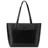 Cartera Guess modelo Jillian de tipo tote, color negro con diseño grabado de monograma en toda la superficie, doble asa de hombro y detalle de llavero colgante. Cuenta con placa metálica triangular con el logo de la marca en el frente.