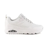 Championes deportivos Skechers modelo Uno Cleargrove Way, color beige, con parte superior de tela tejida y superposiciones termofusibles. Presentan entresuela con tecnología Skech-Air visible y plantilla acolchada Air-Cooled Memory Foam.