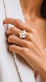 Anillo de acero dorado con diseño ajustable y perla barroca grande en el centro.