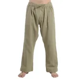 Pantalón de tela verde oliva, corte recto, con cintura elástica ajustable con cordón y bolsillos laterales.