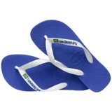 Ojotas Havaianas modelo Brasil Logo, color blanco, con tiras blancas y logo de la marca en relieve azul con la bandera de Brasil.
