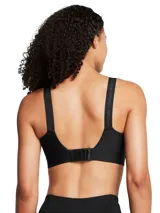 Top deportivo de alto impacto Under Armour, diseñado para actividades de alta intensidad. Presenta un diseño ergonómico con almohadillas moldeadas por inyección, panel frontal de malla para mayor transpirabilidad y tirantes ajustables convertibles. Incluye una banda inferior suave con cierre de corchete y tecnología de secado rápido.