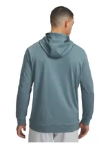Buzo deportivo Under Armour Armour Fleece Graphic para hombre, color azul acero, con capucha ajustable con cordón, bolsillo tipo canguro y logo de la marca estampado en el pecho.