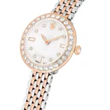 Reloj Swarovski Certa de acero inoxidable con baño en tono oro rosa y plateado. Cuenta con caja redonda, bisel con cristales en pavé, esfera guilloché blanca con índices de cristales y brazalete metálico de siete eslabones bicolor.