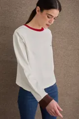Remera de manga larga color marrón, con cuello en tono verde claro y puños en tono celeste. Presenta el logo de la marca bordado en el pecho.