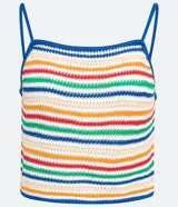 Musculosa cropped de tejido de punto con diseño de rayas horizontales multicolores, escote recto y tirantes finos en color azul.