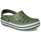 Zuecos Crocs modelo Crocband™ en color lila claro con plataforma blanca y una línea decorativa morada. Presentan el diseño clásico con orificios de ventilación y tira trasera ajustable.