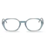 Lentes de lectura con armazón de acetato en color azul traslúcido, con diseño geométrico de forma octogonal.