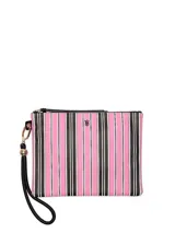 Set de tres estuches modulares de diferentes tamaños fabricados en cuero sintético, con diseño combinado de rayas verticales en rosado, blanco y negro, y estampado tipográfico. Incluye herrajes metálicos dorados y correa de muñeca extraíble.