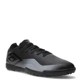 Championes de fútbol Umbro Vibe TF, diseñados para césped sintético. Presentan un diseño en color negro con detalles en gris degradado y el logo de la marca en el lateral. Cuentan con suela con tapones pequeños para mayor tracción y estabilidad.