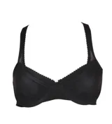 Sostén Glory con aro de color negro, confeccionado con doble capa de lycra, tul transparente y tirantes ajustables.