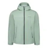 Chaqueta impermeable Merrell modelo Fallon, color verde claro, con capucha ajustable, cierre frontal completo y bolsillos laterales con cierre. Cuenta con puños ajustables con velcro y tecnología resistente al agua y al viento.