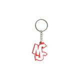 Llavero Eme Studios con anilla y cadena metálica, y dije de goma en color rojo y negro con el isotipo de la marca.