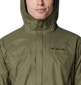 Campera impermeable Columbia modelo Watertight II, color verde oliva. Cuenta con capucha ajustable, cierre frontal con solapa, bolsillos laterales con cierre y puños ajustables. Incorpora tecnología Omni-Tech para mayor protección contra la lluvia y forro de malla transpirable.