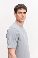 Remera de manga corta color gris con cuello redondo y estampa frontal con la inscripción "Mistral".