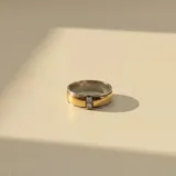 Anillo de diseño bicolor, elaborado en plata y oro, con una banda central dorada y bordes plateados. Presenta un detalle vertical con dos circonias engastadas en el centro.