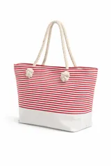 Bolso de tela tipo tote bag con estampado de rayas horizontales azules y blancas, y base de color beige. Tiene asas de cuerda de color beige.