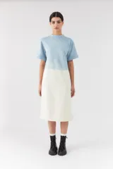 Vestido midi de corte recto, con diseño bicolor en degrade que combina celeste en la parte superior y blanco marfil en la inferior. Posee mangas cortas y cuello redondo.