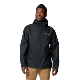 Campera impermeable Columbia modelo Hikebound II, color negro, con tecnología Omni-Tech, capucha ajustable, cierre frontal, bolsillos con cremallera y puños ajustables.