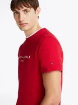Remera roja de algodón con cuello redondo y logo bordado en el pecho.