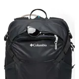 Mochila técnica Columbia de 30 litros, color negro, diseñada para senderismo y actividades al aire libre. Cuenta con respaldo de malla transpirable, estructura de acero elástico, sistema de compresión lateral, bolsillos laterales para botellas, compatibilidad con sistema de hidratación y bolsillos organizadores.