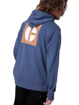 Buzo canguro de hombre Caterpillar en color azul, con capucha y cordones de ajuste blancos. Cuenta con bolsillo tipo canguro al frente, puños y dobladillo de punto acanalado, y un parche cuadrado con el logo de la marca en el pecho.