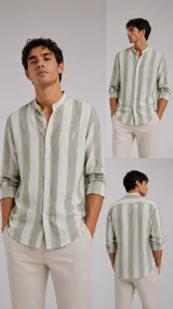 Camisa de manga larga con cuello mao, diseño a rayas anchas blancas y verdes, y detalle de bordado pequeño en el pecho.