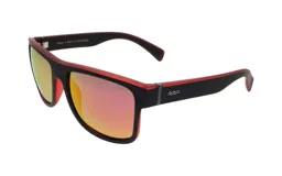 Lentes de sol unisex, marca Floats, con montura rectangular negra con borde superior rojo y lentes espejados color naranja.