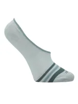 Calcetín tipo invisible de corte bajo, color celeste con detalle de rayas horizontales en la puntera en tonos verde y azul.