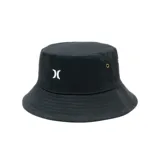 Gorro tipo bucket negro de tela, con logo de Hurley bordado en blanco en el frente y ojales de ventilación metálicos.